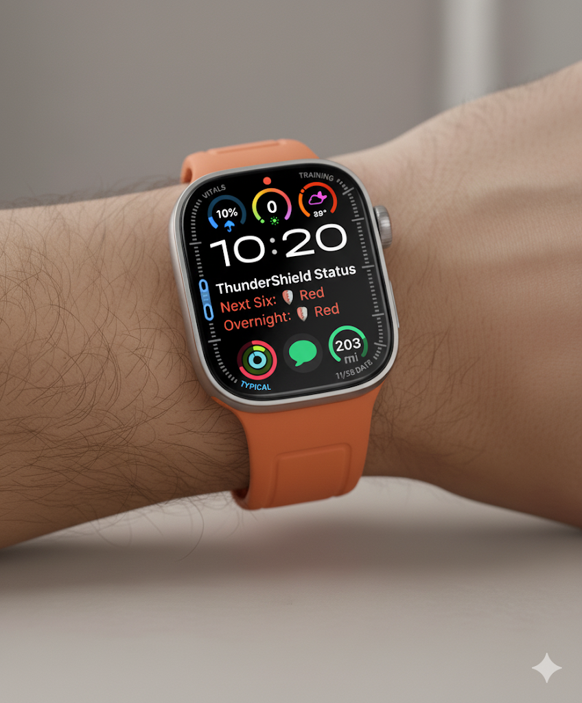 Apple Watch showing ThunderShield status.