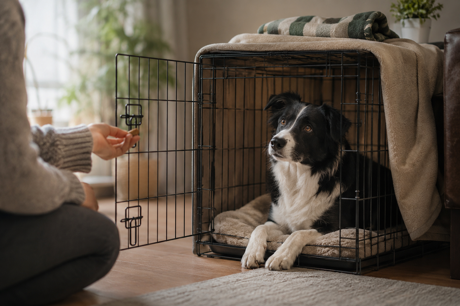 Dog in a crate set up as a safe storm den