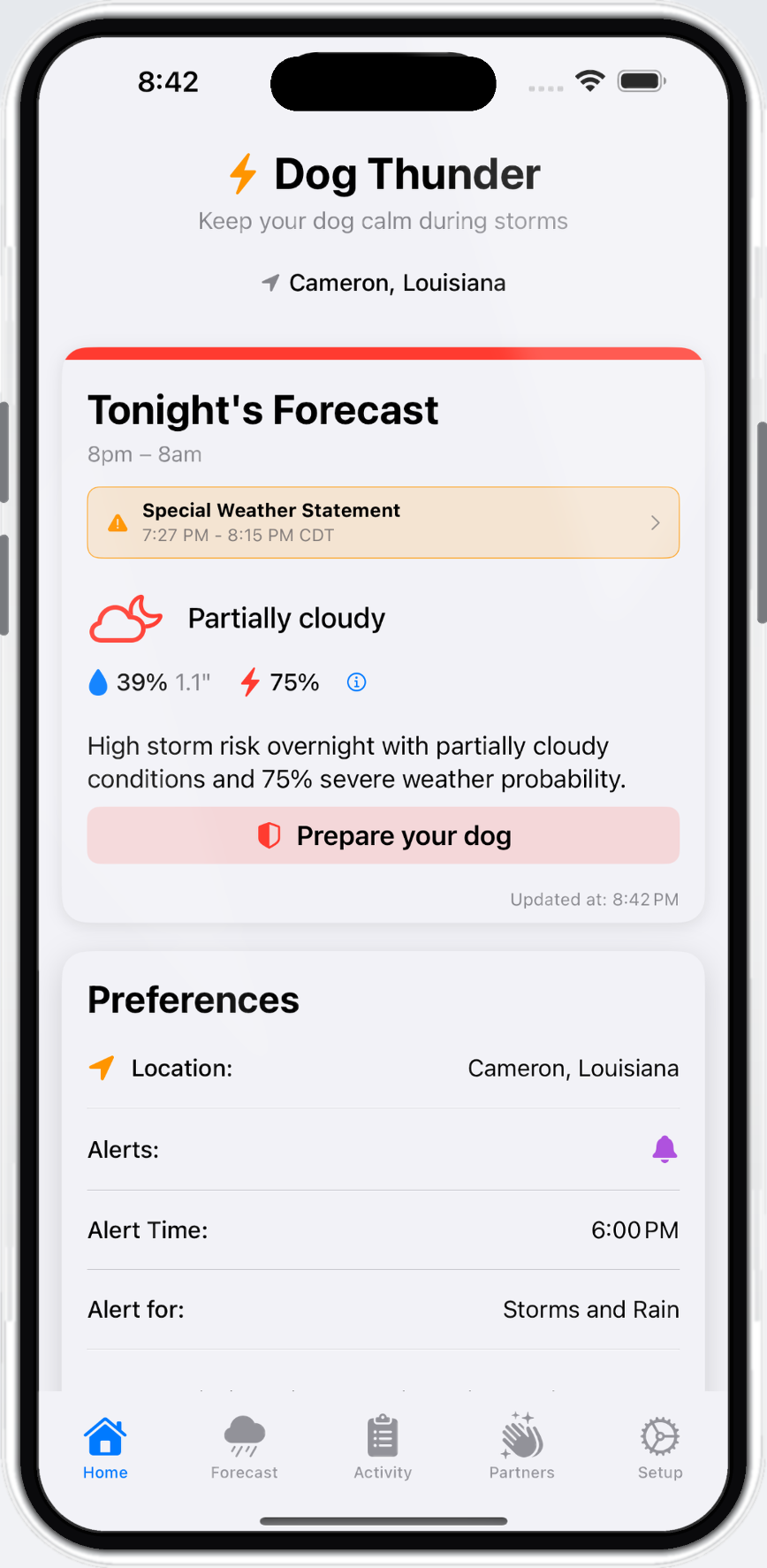 Dog Thunder app interface showing storm alerts on iPhone